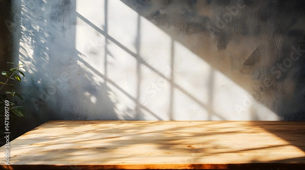 Fototapeta Sunlight casting shadows on a wooden table indoor space photography overcast environment close-up view natural light dynamics