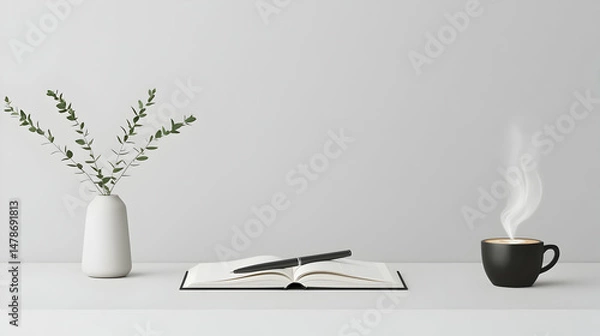 Obraz Minimalist Workspace With Coffee Book And Plant