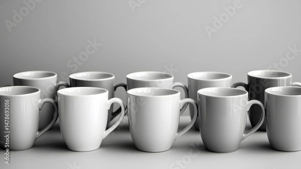 Fototapeta Symmetrical arrangement of coffee mugs on table aft still life indoor front view balanced design