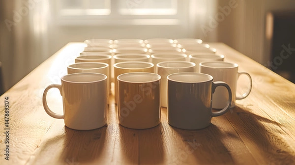 Fototapeta Symmetrical arrangement of coffee mugs on table indoor setting photography warm atmosphere overhead view aesthetic composition