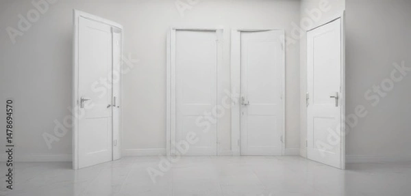 Fototapeta Clean white doors, various states open/closed, minimalist setting , open, light, white