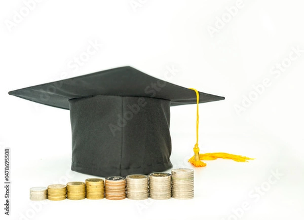 Fototapeta Graduation cap surrounded by stacks of coins isolate on white background.