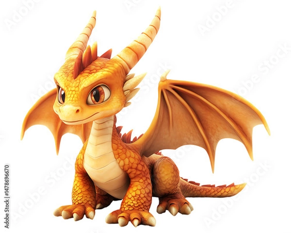 Obraz Adorable 3D-rendered dragon cartoon character with bright colors and a cheerful expression. Perfect for kids' content, games, or playful designs. Isolated on a transparent background.