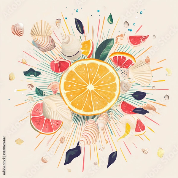 Obraz A circle surrounded by sunrays, seashells, and fruit slices