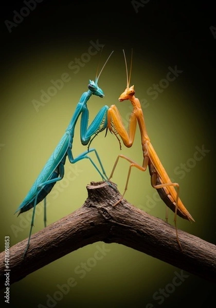 Fototapeta 鮮やか祈る二匹の緑青黄緑カマキリ