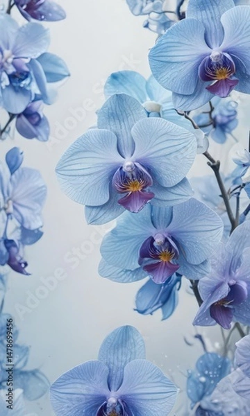 Fototapeta Delicate blue watercolor wash background features vibrant Phalaenopsis orchids, showcasing intricate petal details , nature, photography