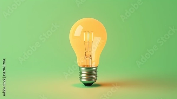 Obraz Glowing Yellow Light Bulb on Green Background

