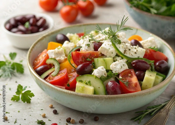 Fototapeta Crisp Greek Salad with Feta Cheese, Olives, and Cucumbers – Fresh Mediterranean Cuisine