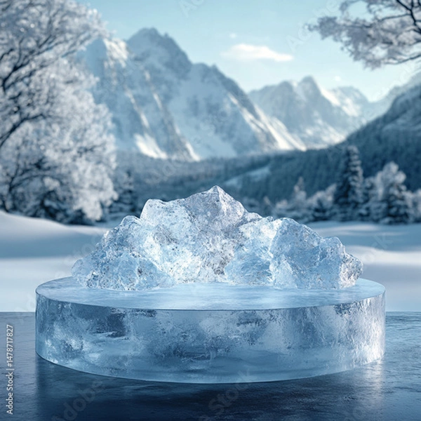 Obraz ice podium against winter outside scene, display stage of product, cold background for product presentation. mockup platform. cool stand pedestal round
