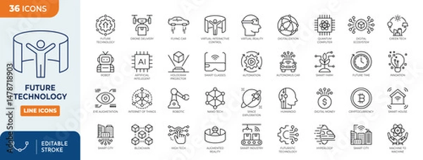 Fototapeta Future Technology line editable icon set. Containing robot, artificial intelligence, innovation, smart city, humanoid, hologram, digital world, high-tech, automation, and more. vector illustration
