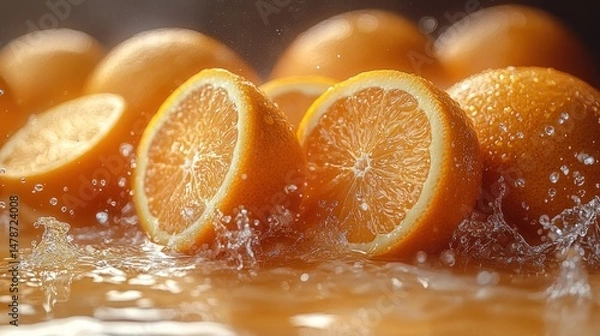 Fototapeta Fresh oranges, sliced and splashing