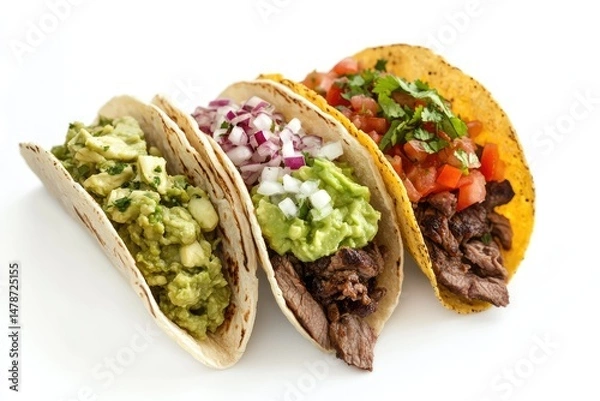 Fototapeta Three diverse tacos showcasing various fillings against a plain background.