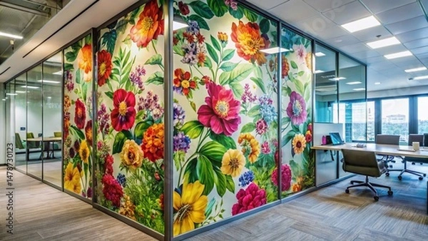 Fototapeta Vibrant Floral Office Partition - Modern Workspace Decor Stock Photo