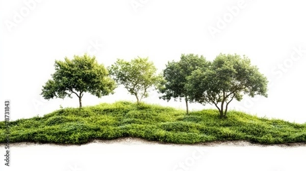 Fototapeta Isolated lush green hillock with trees against a bright white backdrop