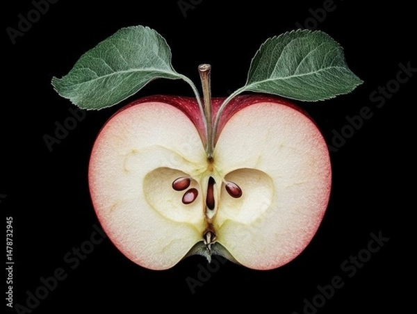 Fototapeta Apple cross section studio shot showing seeds and leaf detail on black background close up healthy food