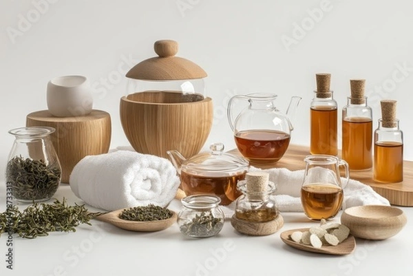 Fototapeta Sophisticated summer spa setting with handcrafted herbal teas, bamboo steamers, plush towels, and aromatic essential oils, set on white background.