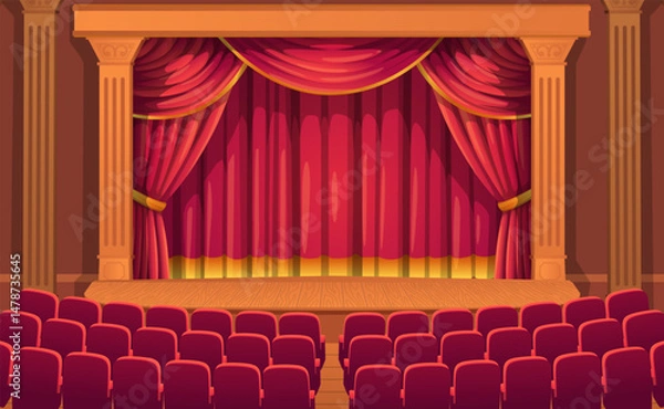 Obraz Classic Theater Stage with Red Curtain and Empty Audience