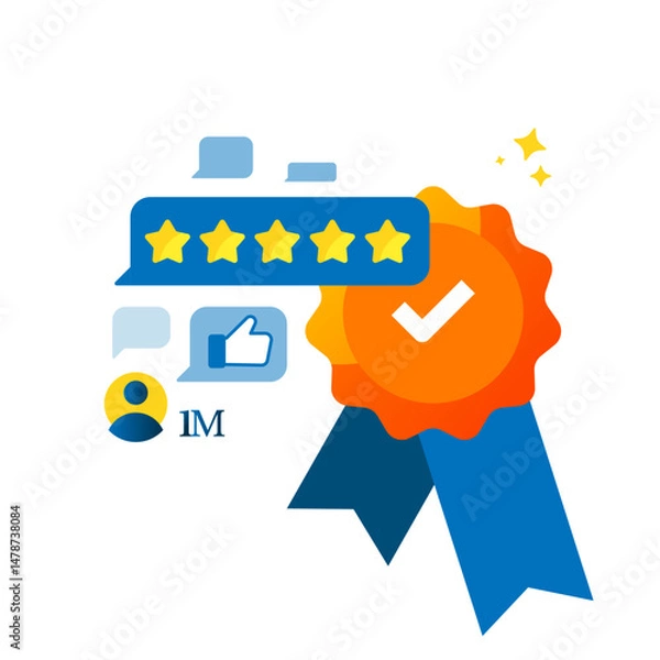Fototapeta Customer satisfaction and public trust concept illustration. Five star rating, chat bubble, badge representing millions of happy users, positive reviews, user trust. for testimonial or app rating