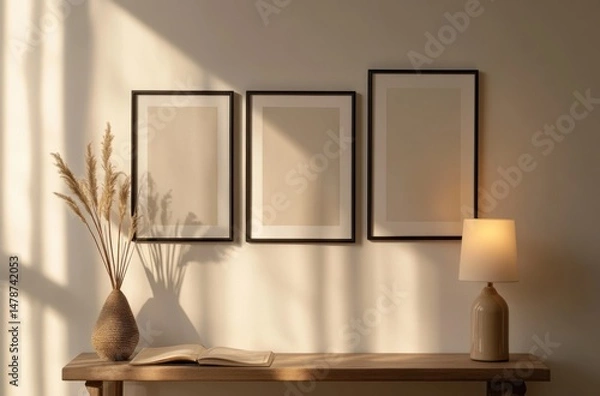 Fototapeta Minimalist setup with trio of A4 frames in black glass frame, warm