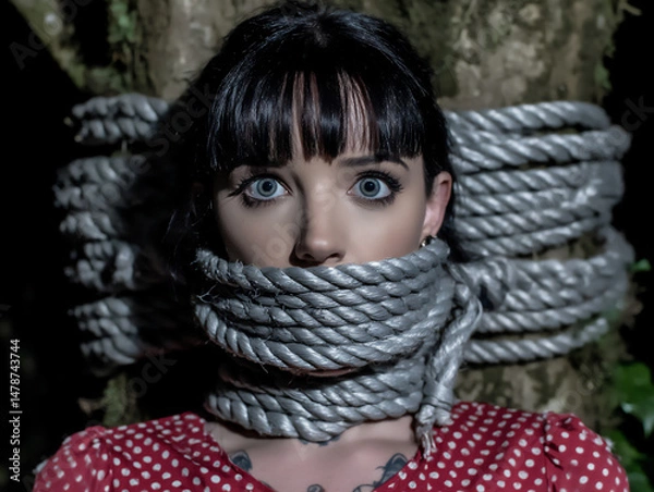 Fototapeta slightly dark and dramatic outdoor photograph of a young woman tied to a tree trunk with rope, her mouth gagged with a piece of white cloth