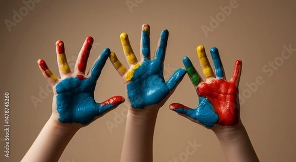 Obraz 鮮やか絵の具 手のひら 創造力 子供 笑顔