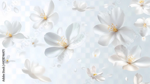 Fototapeta Floating white flowers on transparent background. [Dust Opera] | Dusty Flourish | soft embellishment. Illustration