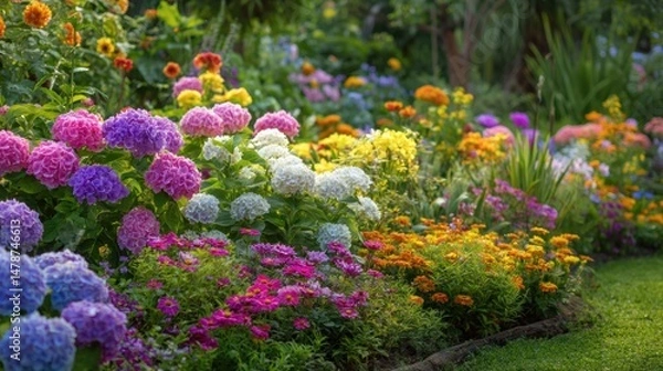 Fototapeta Vibrant flowerbeds bursting with color.  A profusion of colorful blooms in a garden bed
