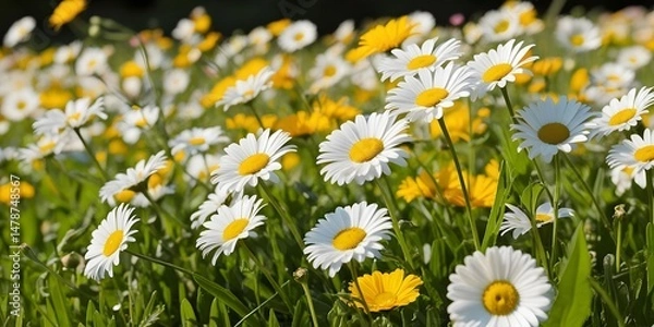 Fototapeta Vibrant Daisy Field Basking In Sunlight AStunning Display Of White And Yellow Flowers Dancing In Gentle Breeze Nature At Its Most Beautiful