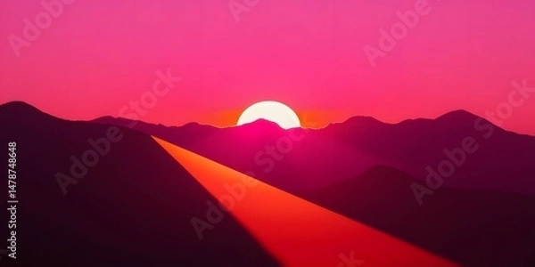 Fototapeta Vibrant crimson sunset paints the mountain peaks, casting long shadows across a landscape bathed in warm, fiery hues. A breathtaking spectacle of natures artistry.