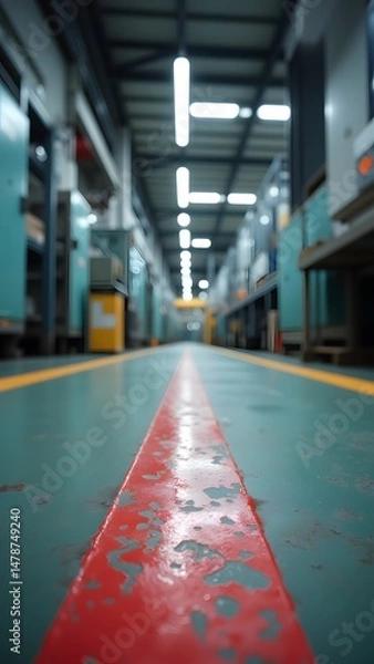 Fototapeta A long factory aisle, a red line sharply divides the teal floor, guiding the way through rows of industrial machinery under bright fluorescent lights.