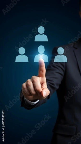 Fototapeta Strategic Team Selection A businessman chooses a key member from a digital representation of his team, signifying crucial decision-making and leadership.