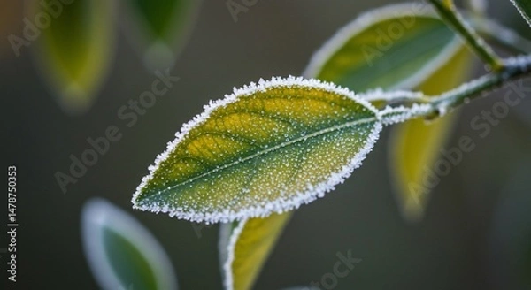 Fototapeta 霜降り葉っぱ 静かに輝く早朝