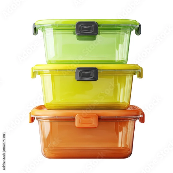 Fototapeta Three colorful stacked plastic food storage containers lid set home neat on transparent background