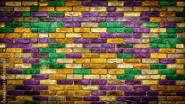 Obraz Weathered Brick Wall Mardi Gras Pattern - Festive Background Texture