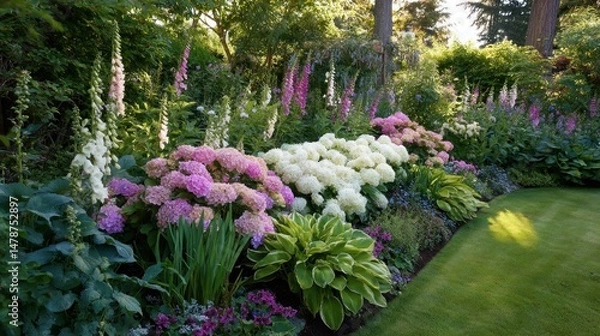 Obraz Vibrant flowerbed with hydrangeas, foxgloves, and other perennials.  A beautiful garden display