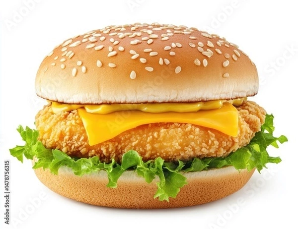 Fototapeta Crispy chicken burger with melted cheese and mustard