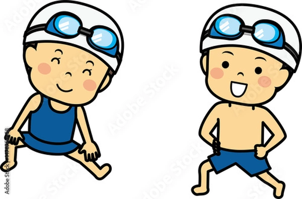 Fototapeta 水着で準備体操する男女の子供