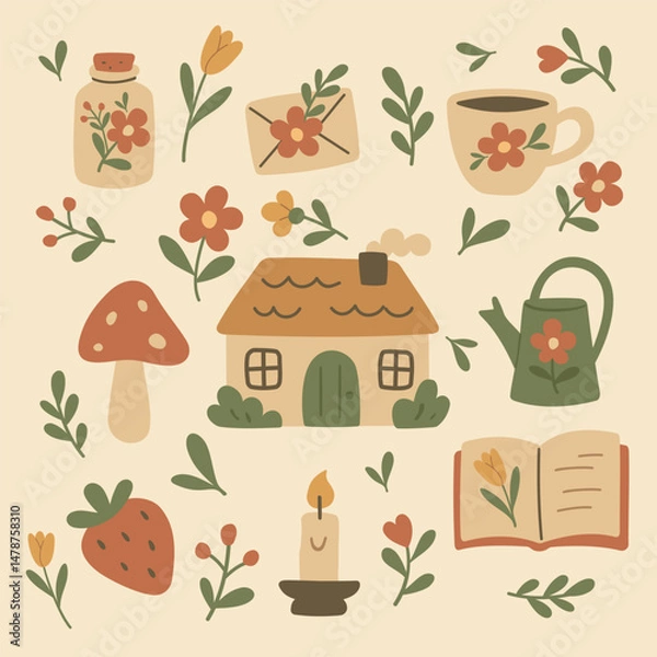 Fototapeta Cottagecore Theme Style Set Vector Template