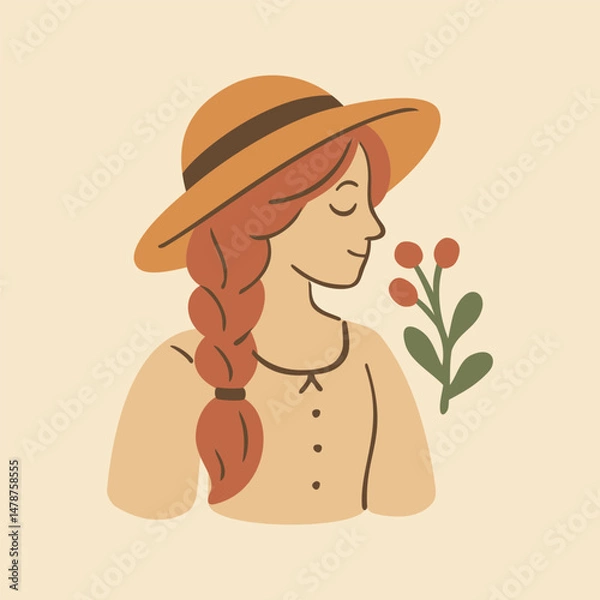 Fototapeta Cottagecore Theme Style Women with Hat Vector Template