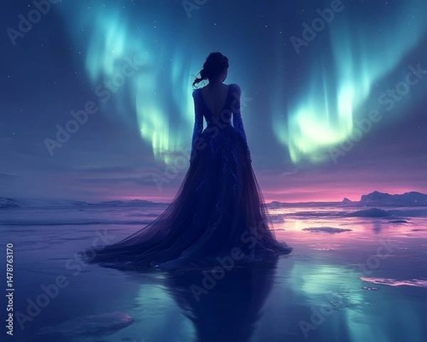 Obraz Woman in a blue dress by aurora borealis