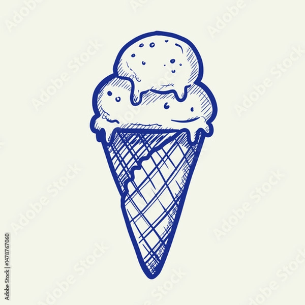 Fototapeta A blue ink sketch of a double scoop ice cream cone with waffle cone on a white background drawing