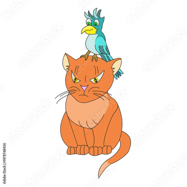 Fototapeta Disgruntled cat with a parrot on his head. Vector illustration