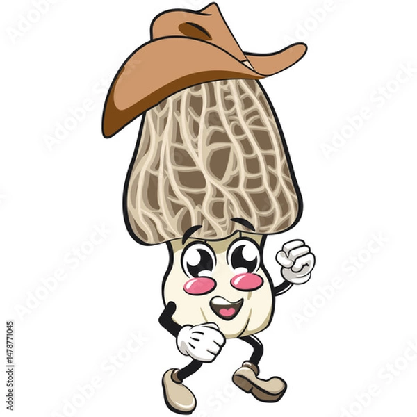 Obraz Cute Morchella mushroom vektor illustration mascot characterwearing a cowboy hat walking, work of hand drawn