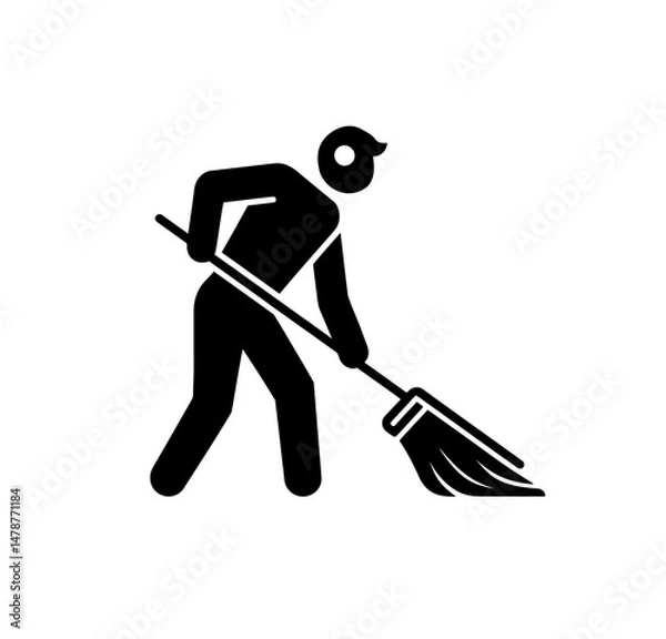 Fototapeta Sweeper icon vector in black color with white background. Man with broom icon.