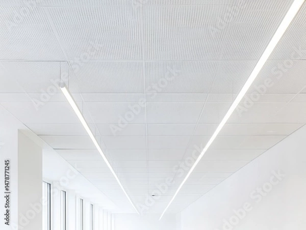 Fototapeta Modern office ceiling with linear lights and acoustic panels in a bright interior space perspective view