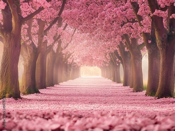 Fototapeta Treelined pathway with vibrant pink blossoms creating a tunnel of flowers bright morning light filters through the trees enhancing the soft pink carpet of petals