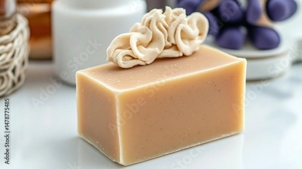 Fototapeta Beige soap bar with decorative topping