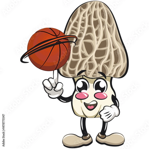 Obraz Cute Morchella mushroom vektor illustration mascot character spin the basketball with the index finger, work of hand drawn