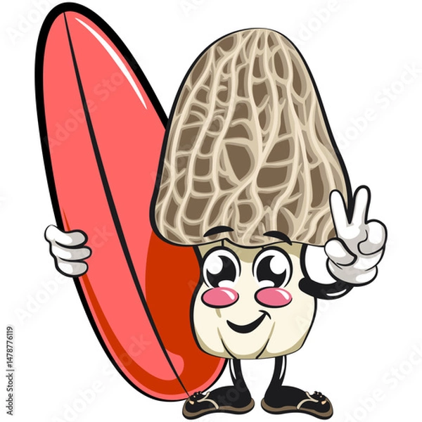 Obraz Cute Morchella mushroom vektor illustration mascot character with surfboard, work of hand drawn