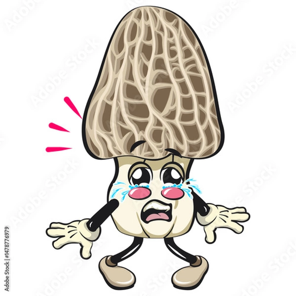 Obraz Cute Morchella mushroom vektor illustration mascot character crying sadly, work of hand drawn